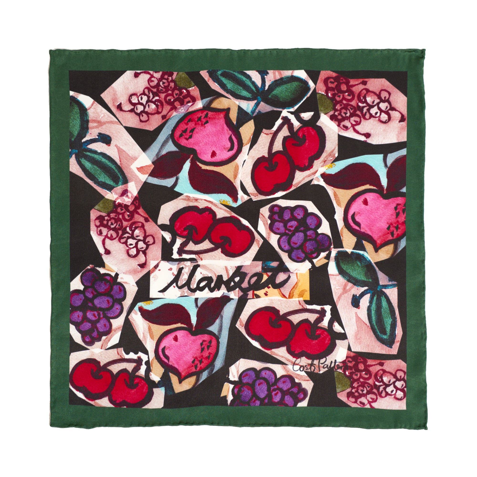 "Lost Cherries" Silk Pocket Square - Deep Green - LOST PATTERN Silk Pocket Square