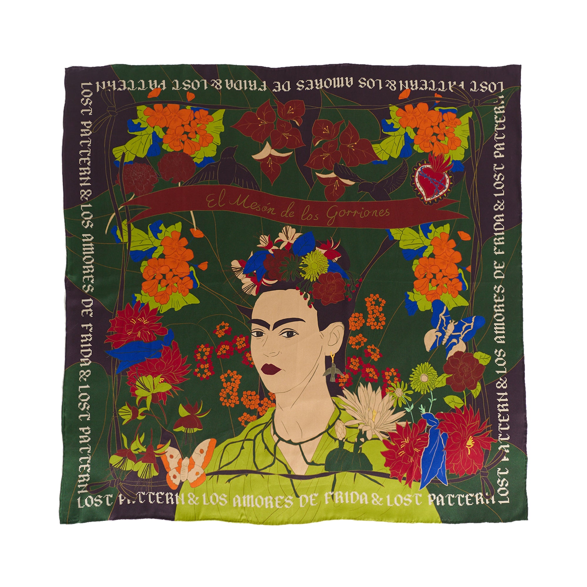 FRIDA x LOST PATTERN "Los Amores de Frida" Large Silk Scarf - Dark Green - Dark Green - LOST PATTERN Silk Square Scarf