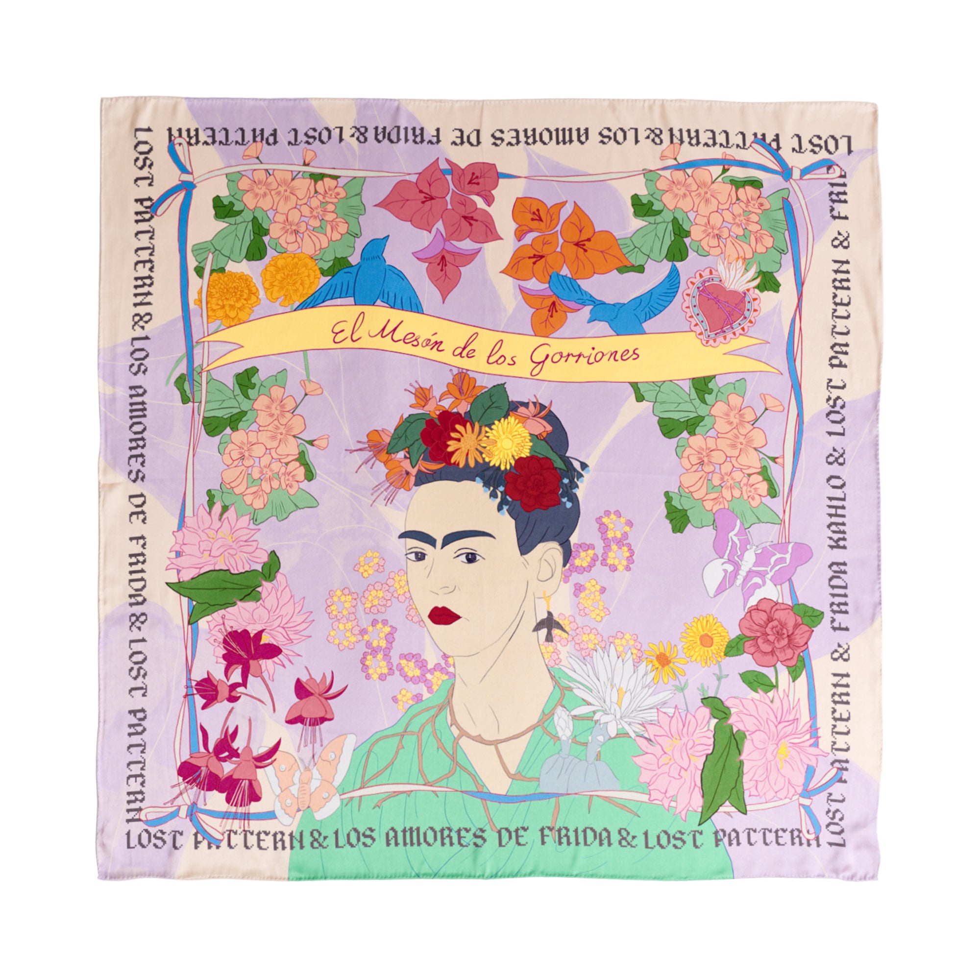 FRIDA x LOST PATTERN "Los Amores de Frida" Large Silk Scarf - Pink & Purple - Pink & Purple - LOST PATTERN Silk Square Scarf