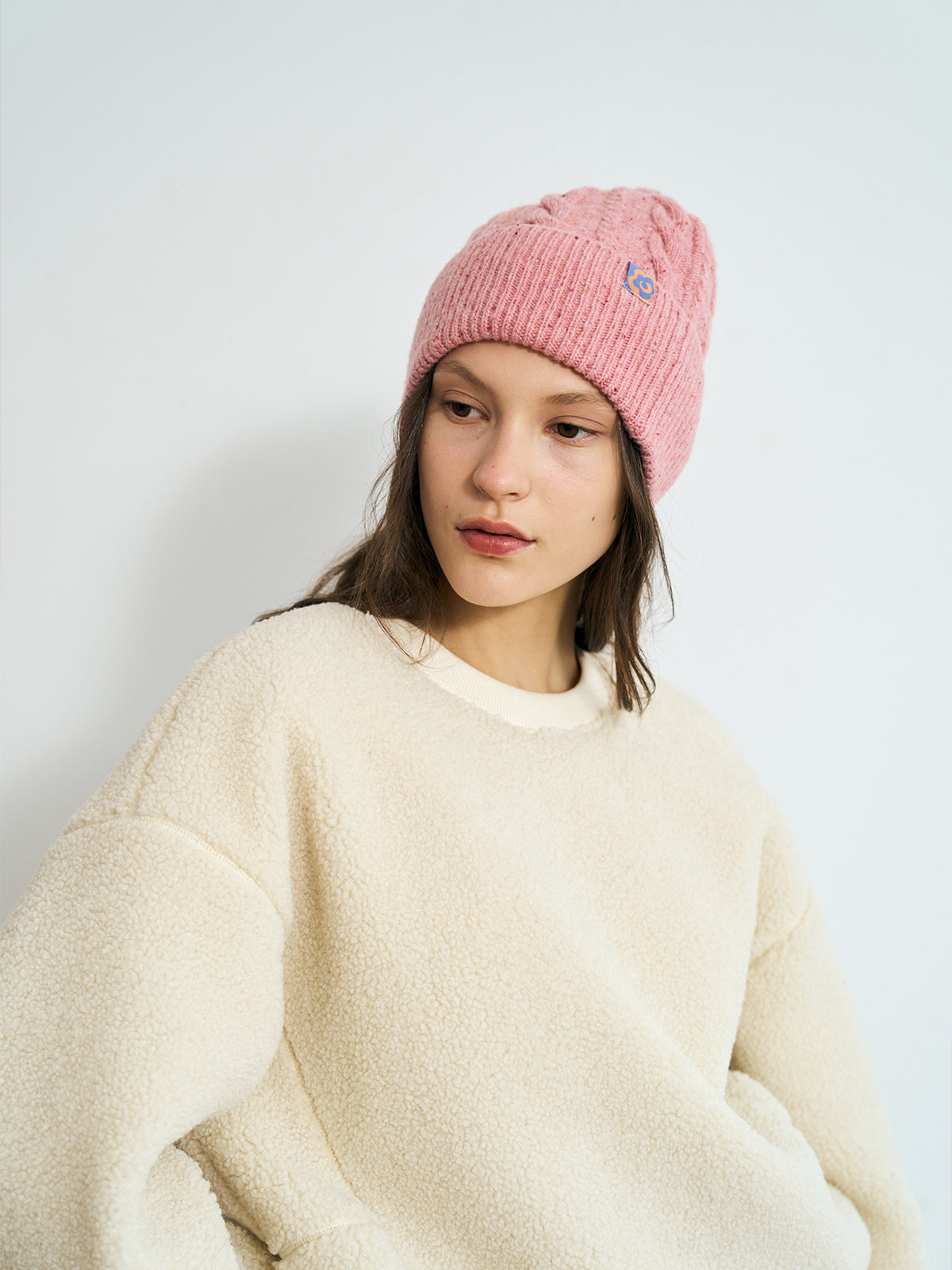 "Pom Pom" Cable Knit Wool Beanie Hat - Pink Blush - LOST PATTERN Cashmere