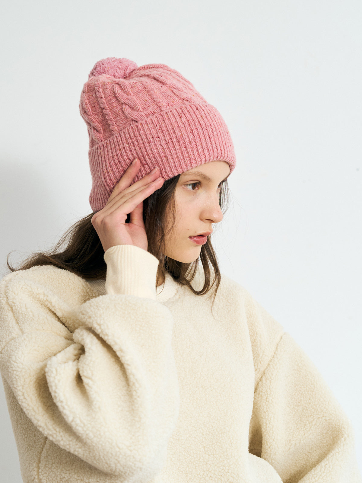 "Pom Pom" Cable Knit Wool Beanie Hat - Pink Blush - LOST PATTERN Cashmere