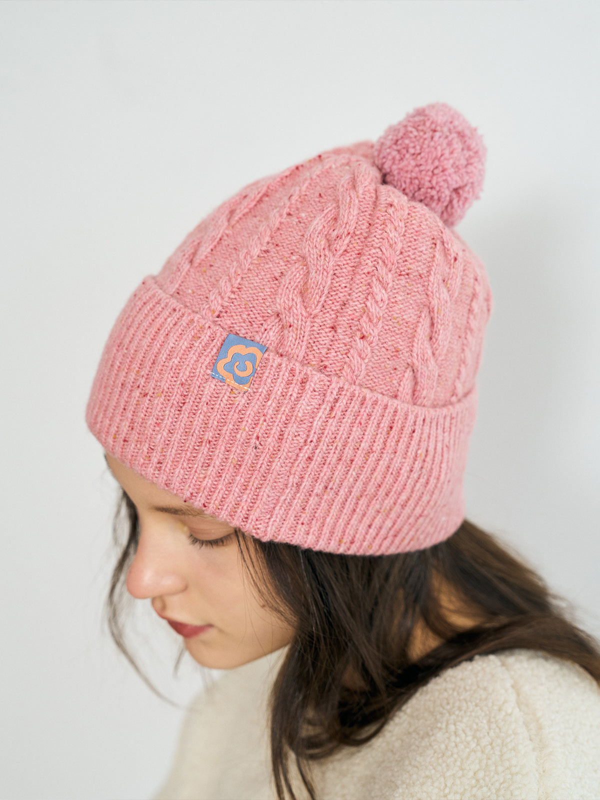 "Pom Pom" Cable Knit Wool Beanie Hat - Pink Blush