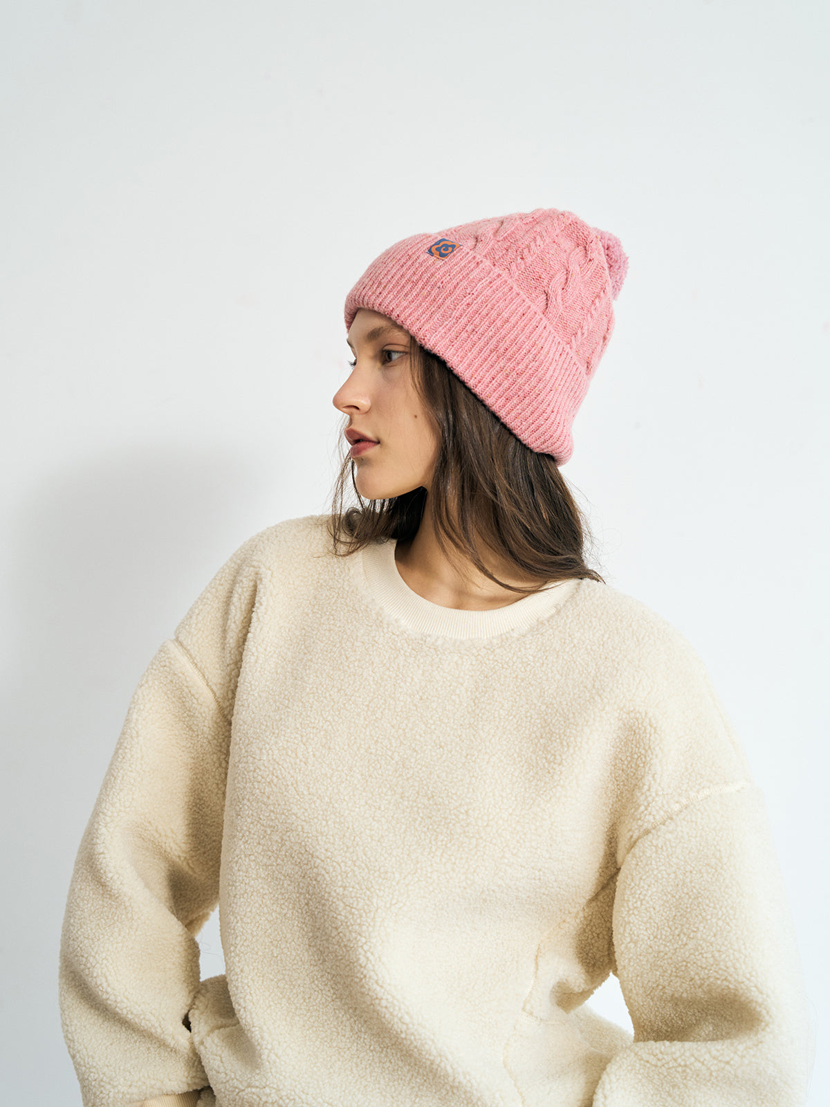 "Pom Pom" Cable Knit Wool Beanie Hat - Pink Blush - LOST PATTERN Cashmere