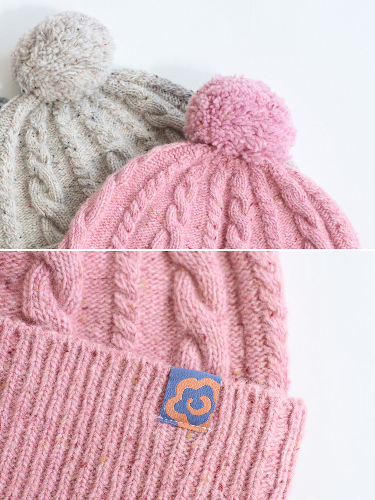 "Pom Pom" Cable Knit Wool Beanie Hat - Pink Blush - LOST PATTERN Cashmere