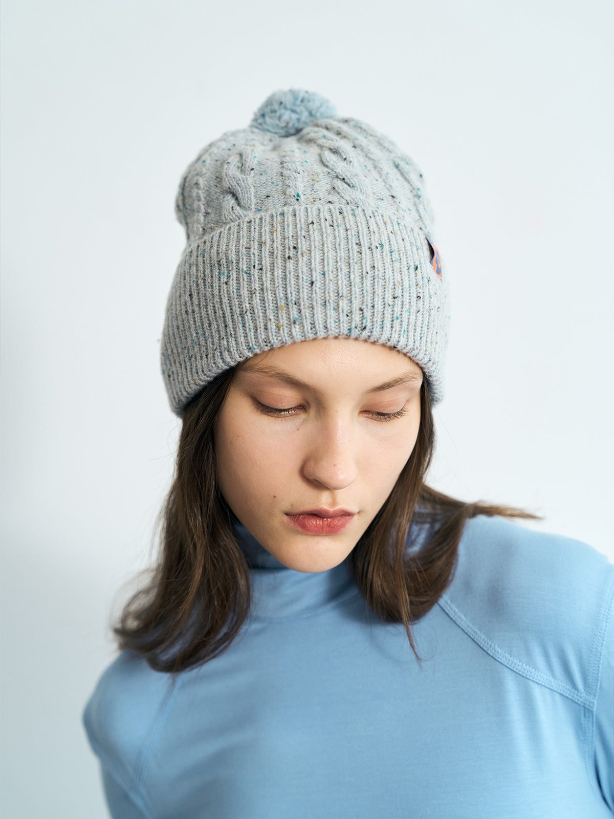 "Pom Pom" Cable Knit Wool Beanie Hat - Icy Blue - LOST PATTERN Cashmere