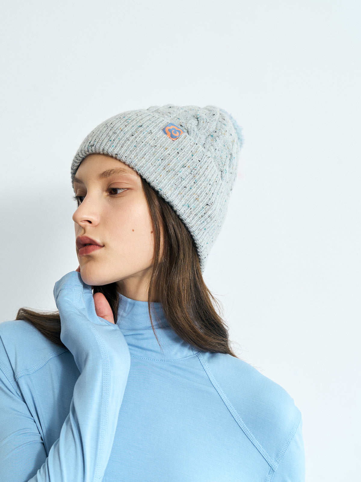 "Pom Pom" Cable Knit Wool Beanie Hat - Icy Blue - LOST PATTERN Cashmere