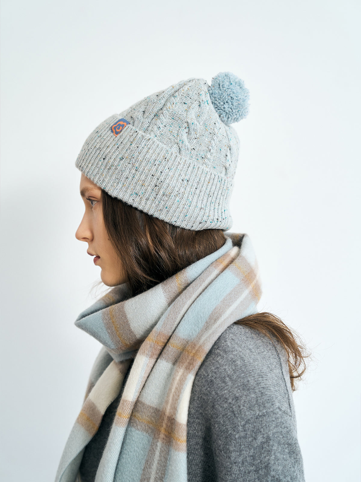 "Pom Pom" Cable Knit Wool Beanie Hat - Icy Blue - LOST PATTERN Cashmere