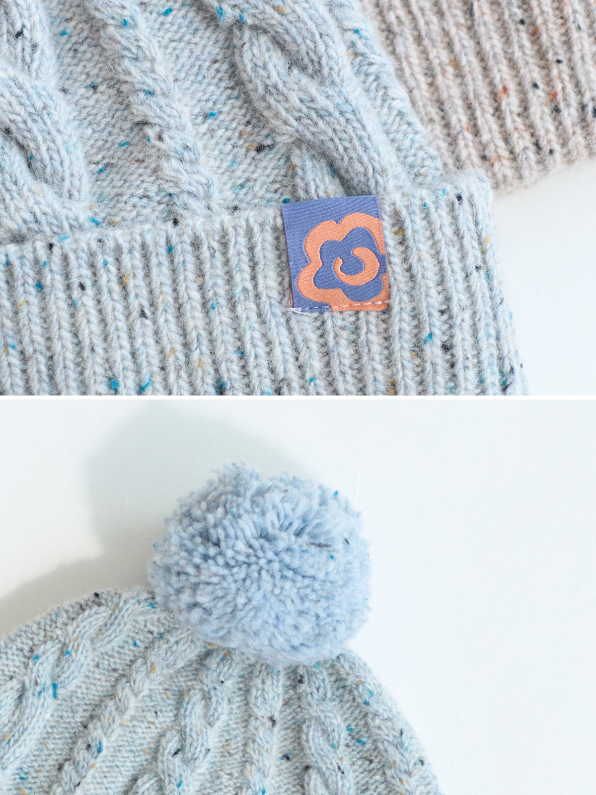 "Pom Pom" Cable Knit Wool Beanie Hat - Icy Blue