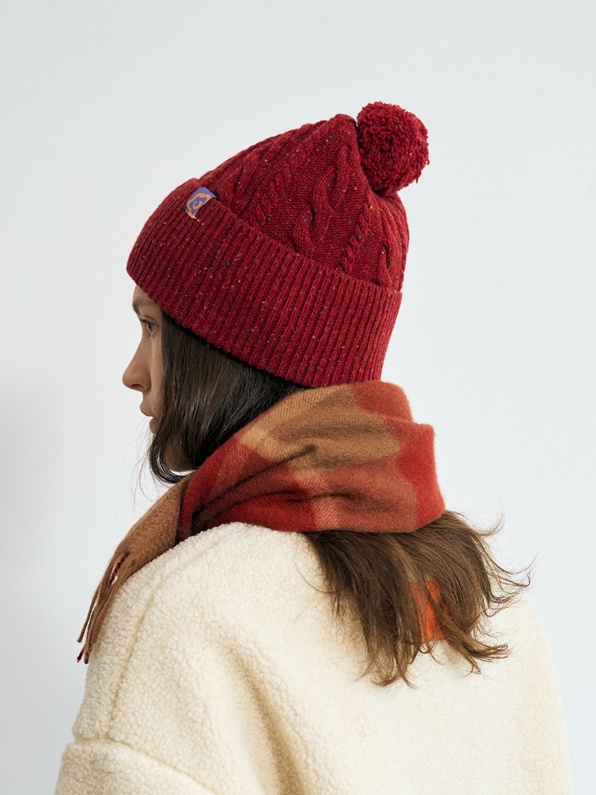 "Pom Pom" Cable Knit Wool Beanie Hat - Wine Red - LOST PATTERN Cashmere