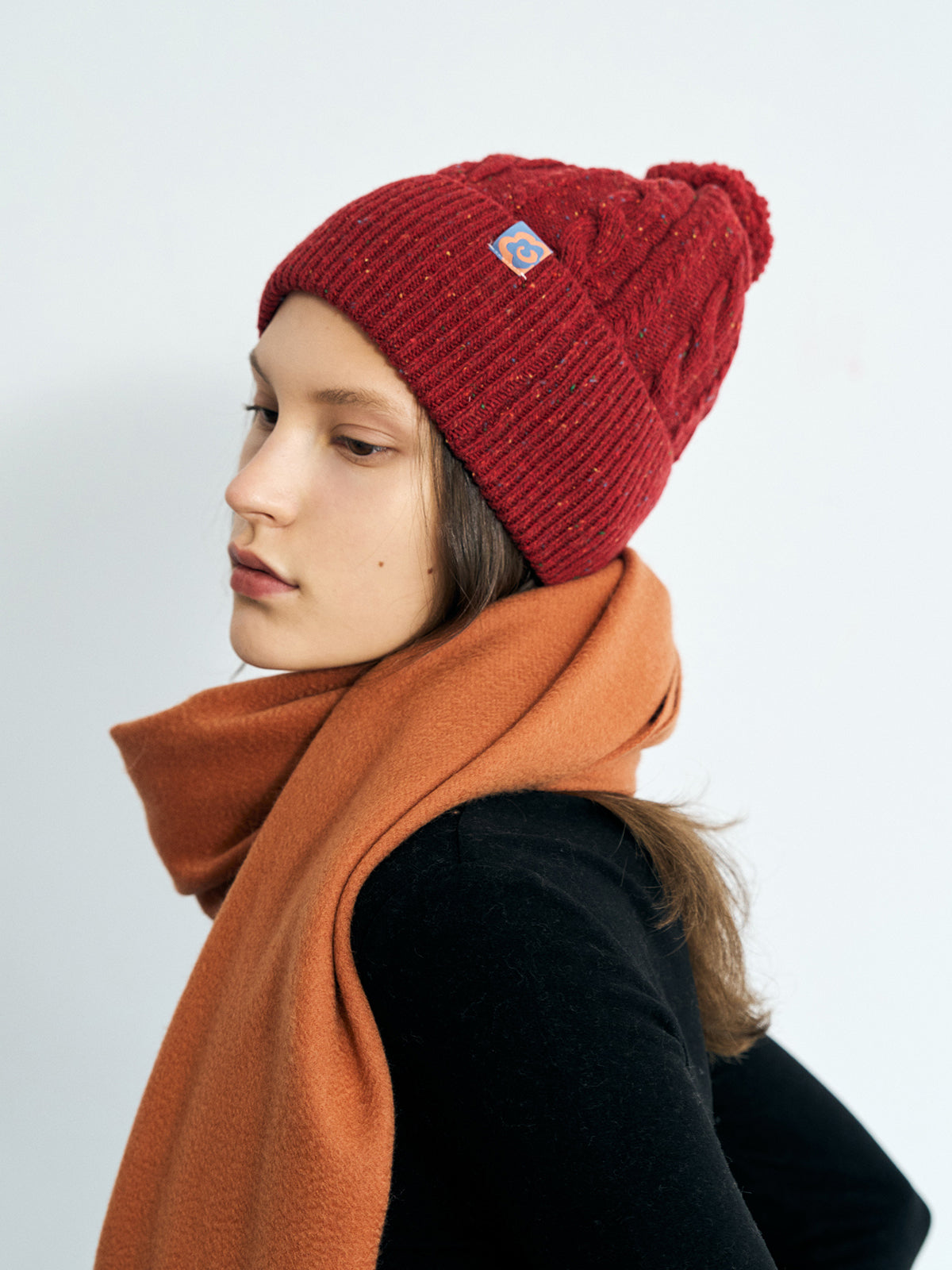 "Pom Pom" Cable Knit Wool Beanie Hat - Wine Red - LOST PATTERN Cashmere