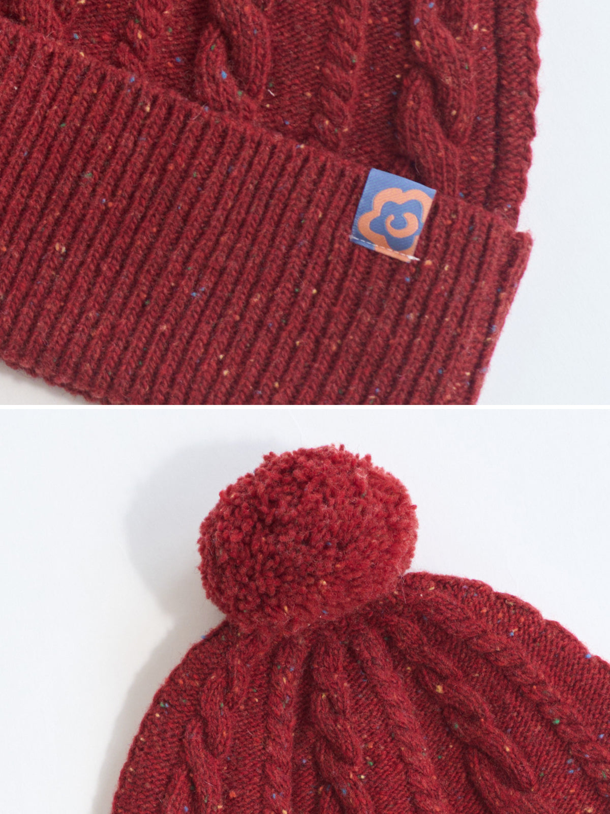 "Pom Pom" Cable Knit Wool Beanie Hat - Wine Red - LOST PATTERN Cashmere