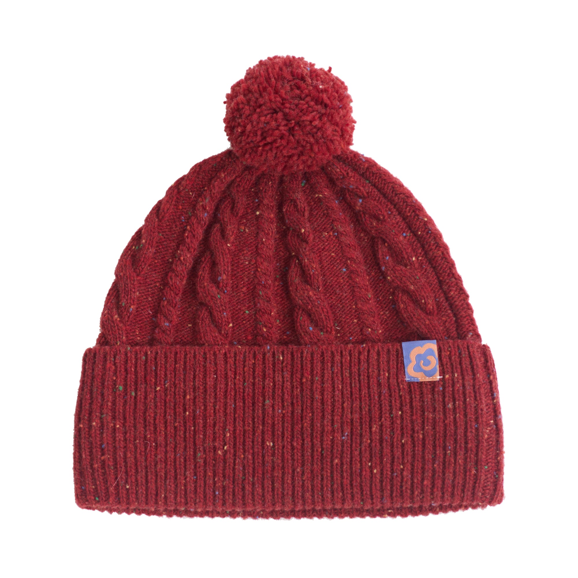 "Pom Pom" Cable Knit Wool Beanie Hat - Wine Red