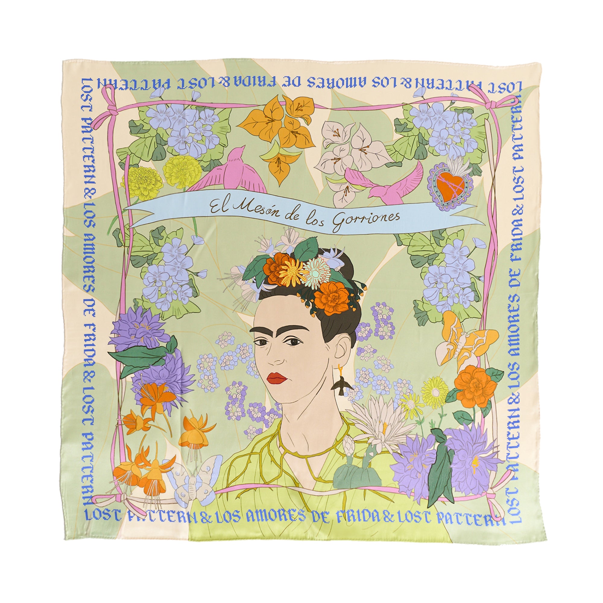 FRIDA x LOST PATTERN "Los Amores de Frida" Large Silk Scarf - Pastel - Pastel - LOST PATTERN Silk Square Scarf