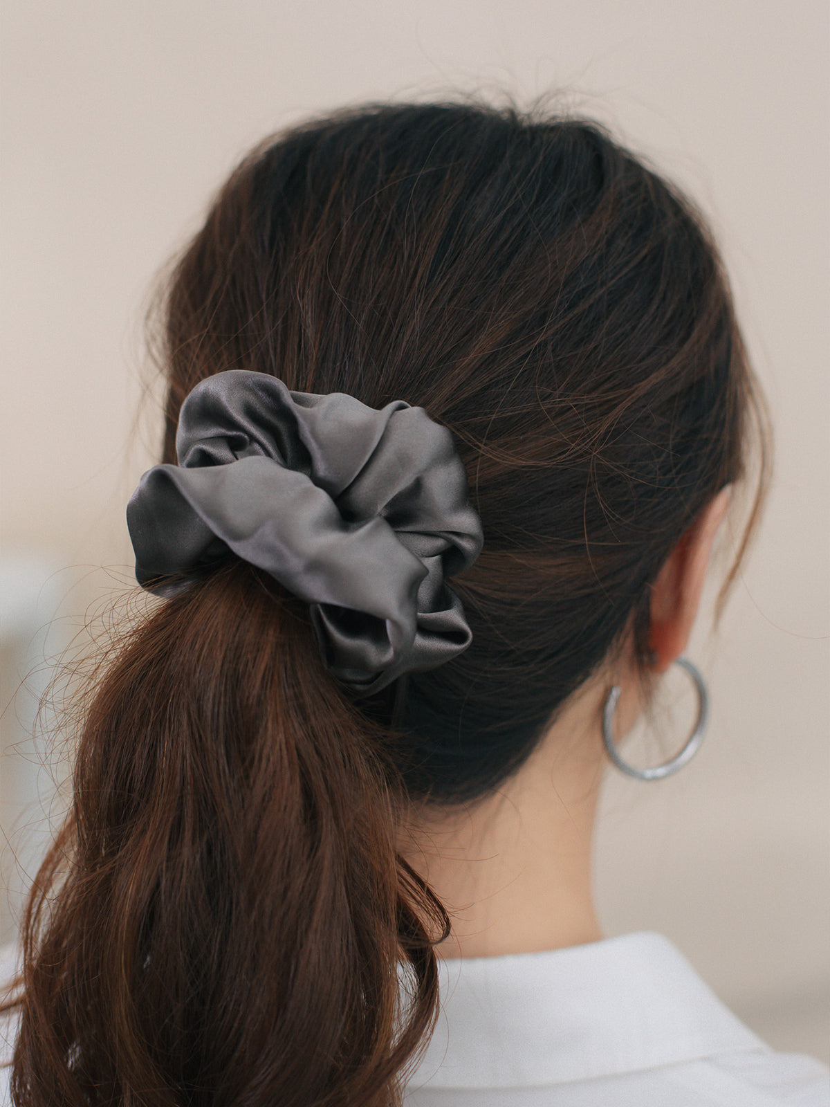 "Silken Hair" Silk Scrunchie Hair Tie - Dark Grey - LOST PATTERN Scrunchie