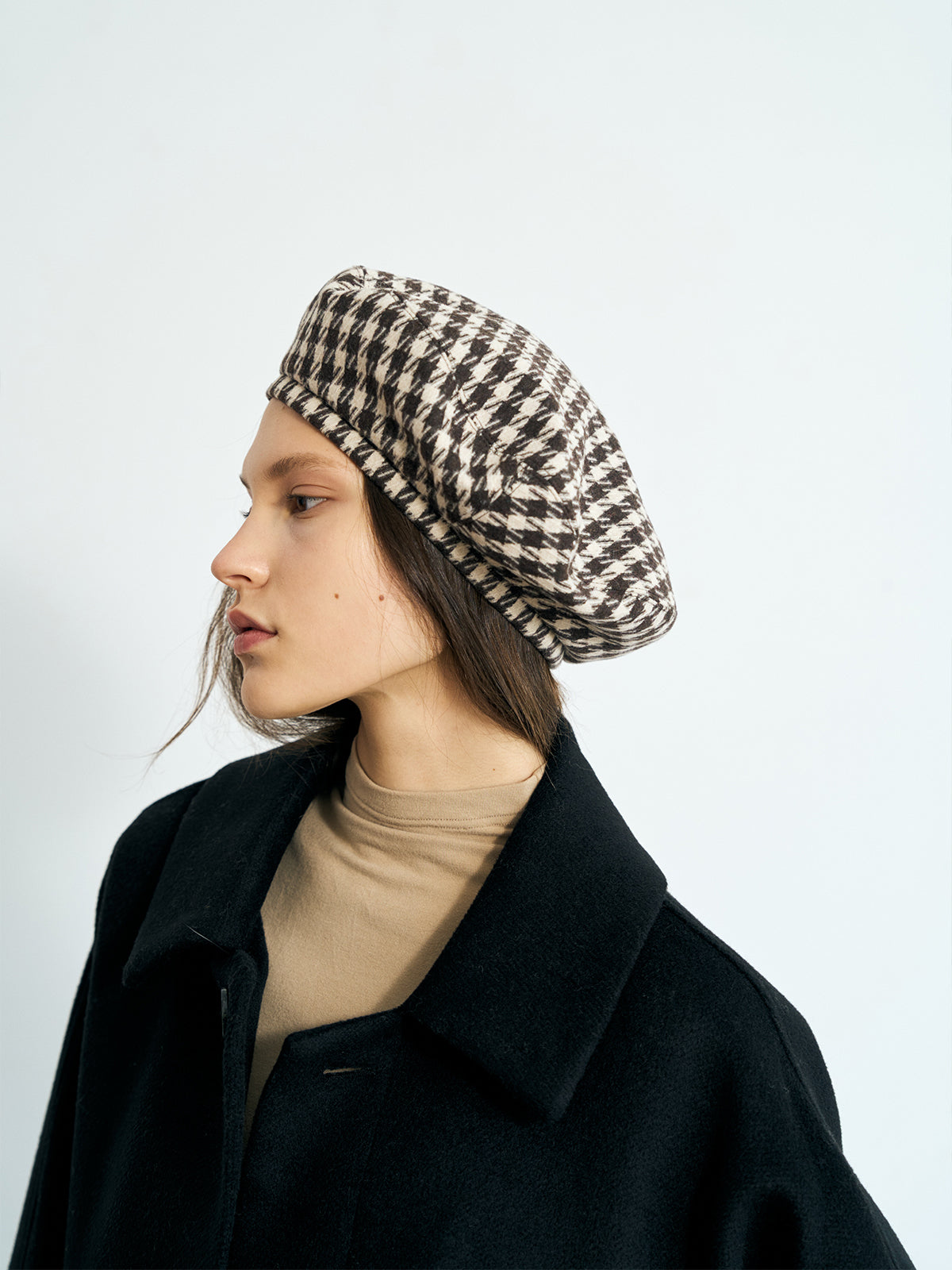 "Houndstooth" Beret Hat - Mocha - LOST PATTERN Cashmere