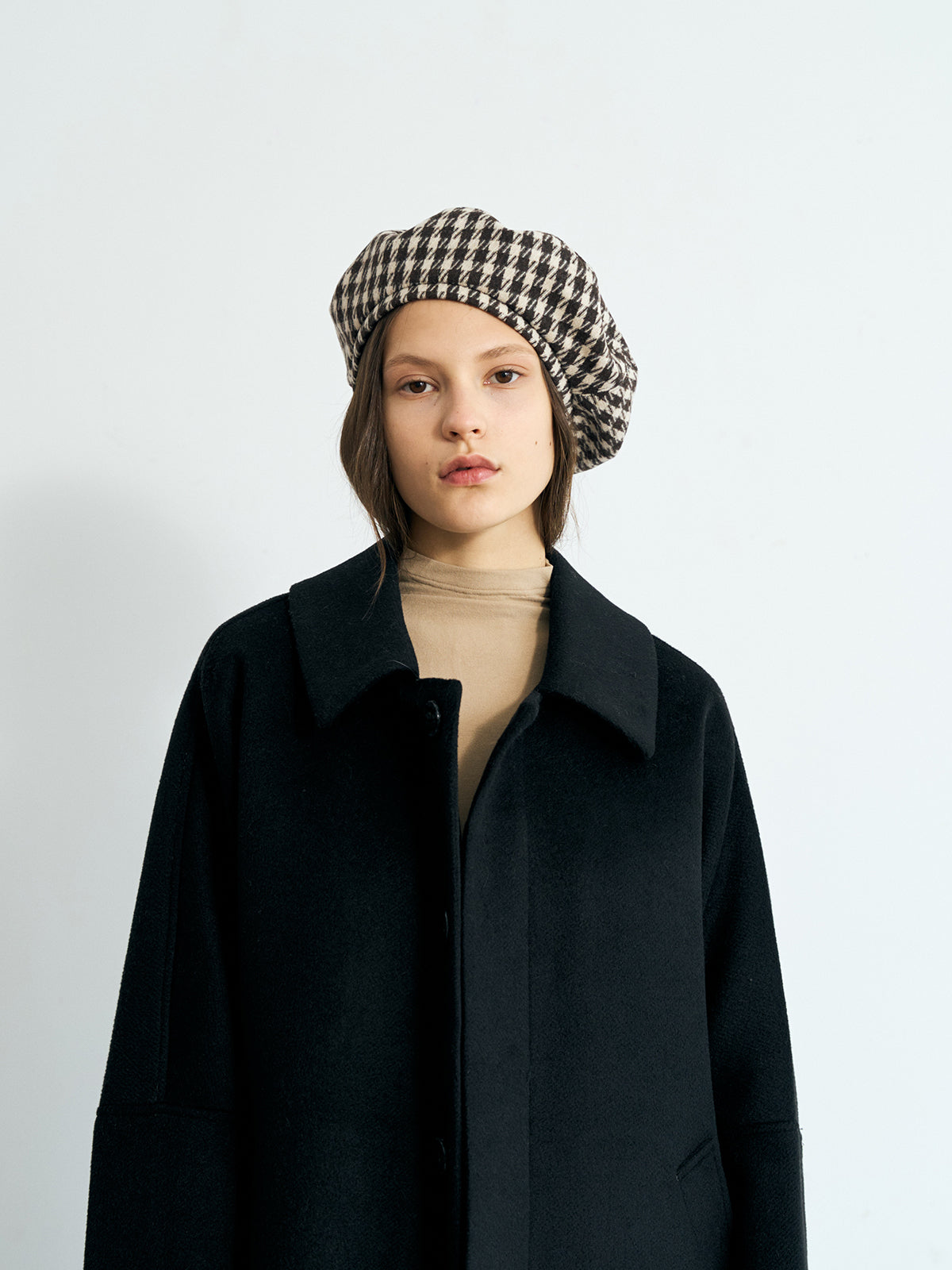 "Houndstooth" Beret Hat - Mocha - LOST PATTERN Cashmere