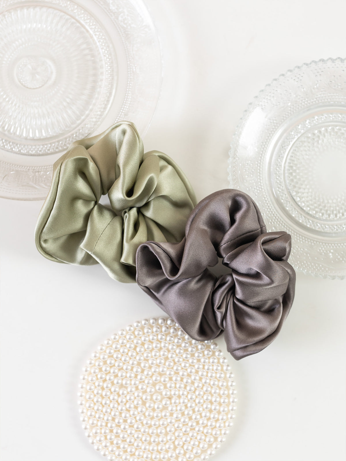 "Silken Hair" Silk Scrunchie Hair Tie - Pale Olive - LOST PATTERN Scrunchie