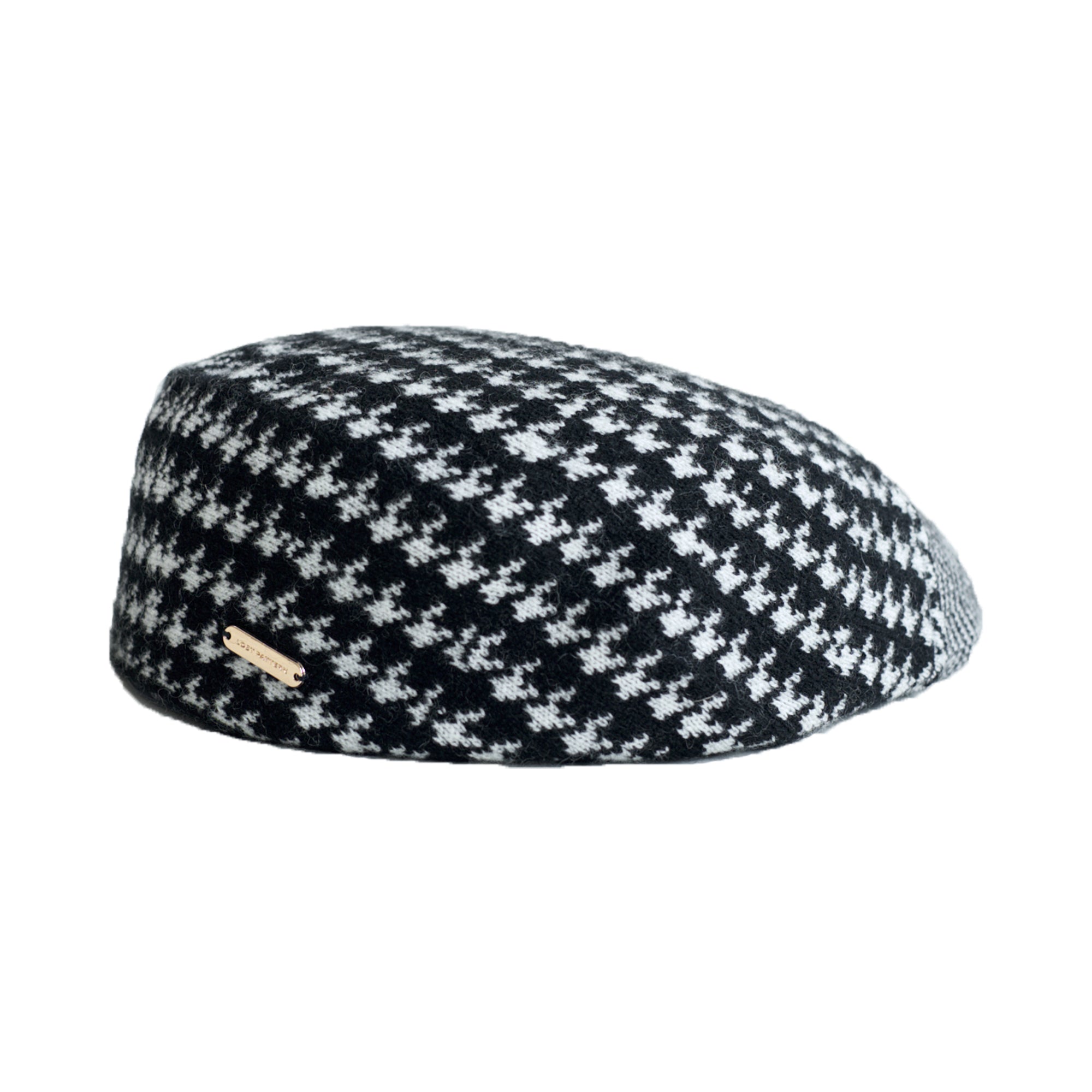 "Houndstooth" Wool-Cashmere Beret Hat - Black & White - LOST PATTERN Cashmere