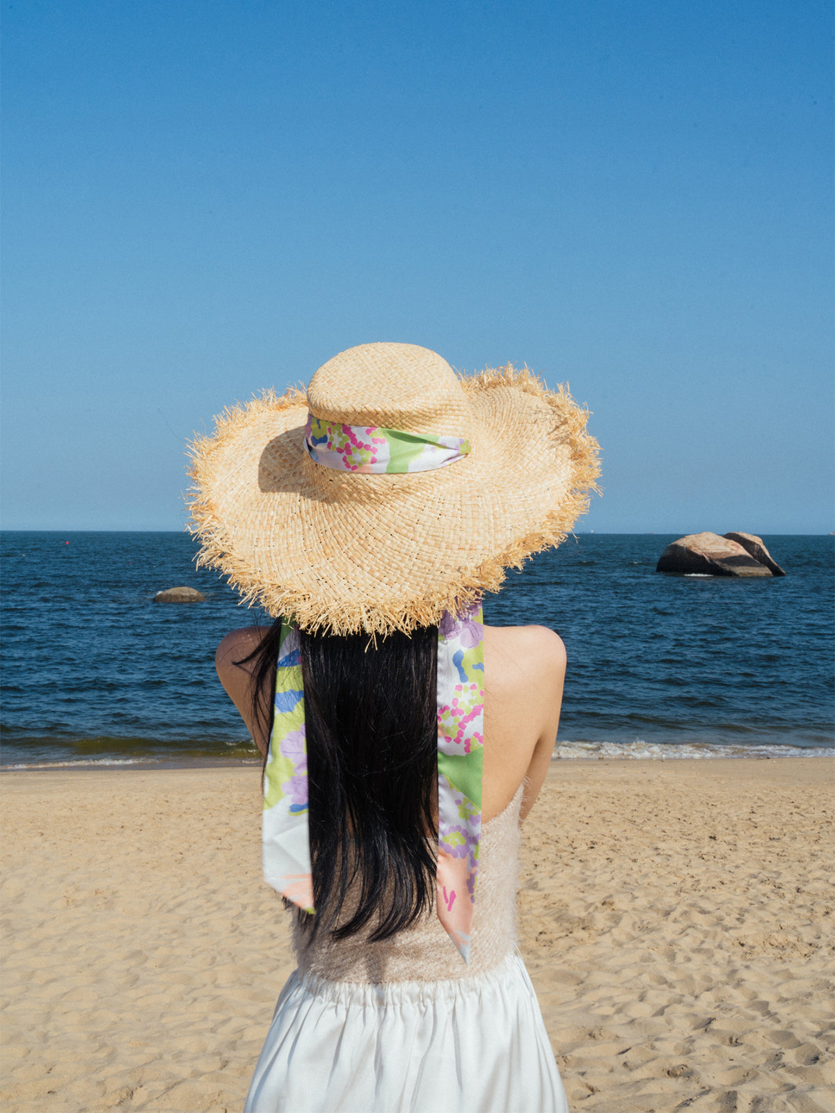 FRIDA x LOST PATTERN "Frida's Garden" Straw Hat with Ribbon Tie - Pink - LOST PATTERN Hats