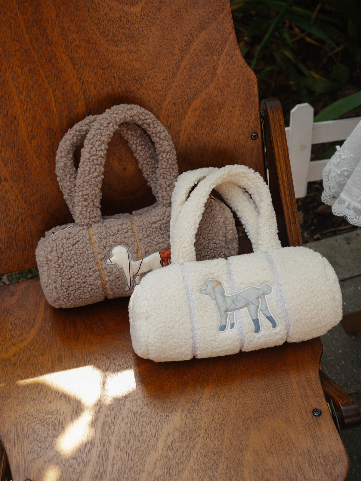 "Pan Pan" Cylinder Shearling Bag - Taupe - LOST PATTERN Tote Bag