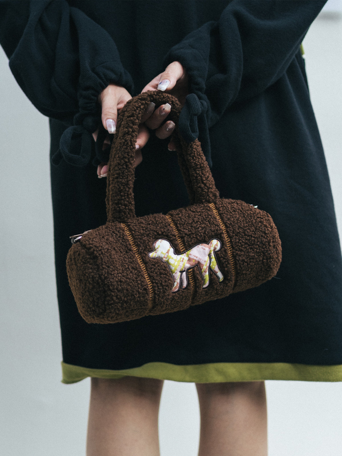 "Pan Pan" Cylinder Shearling Bag - Chocolate - LOST PATTERN Tote Bag