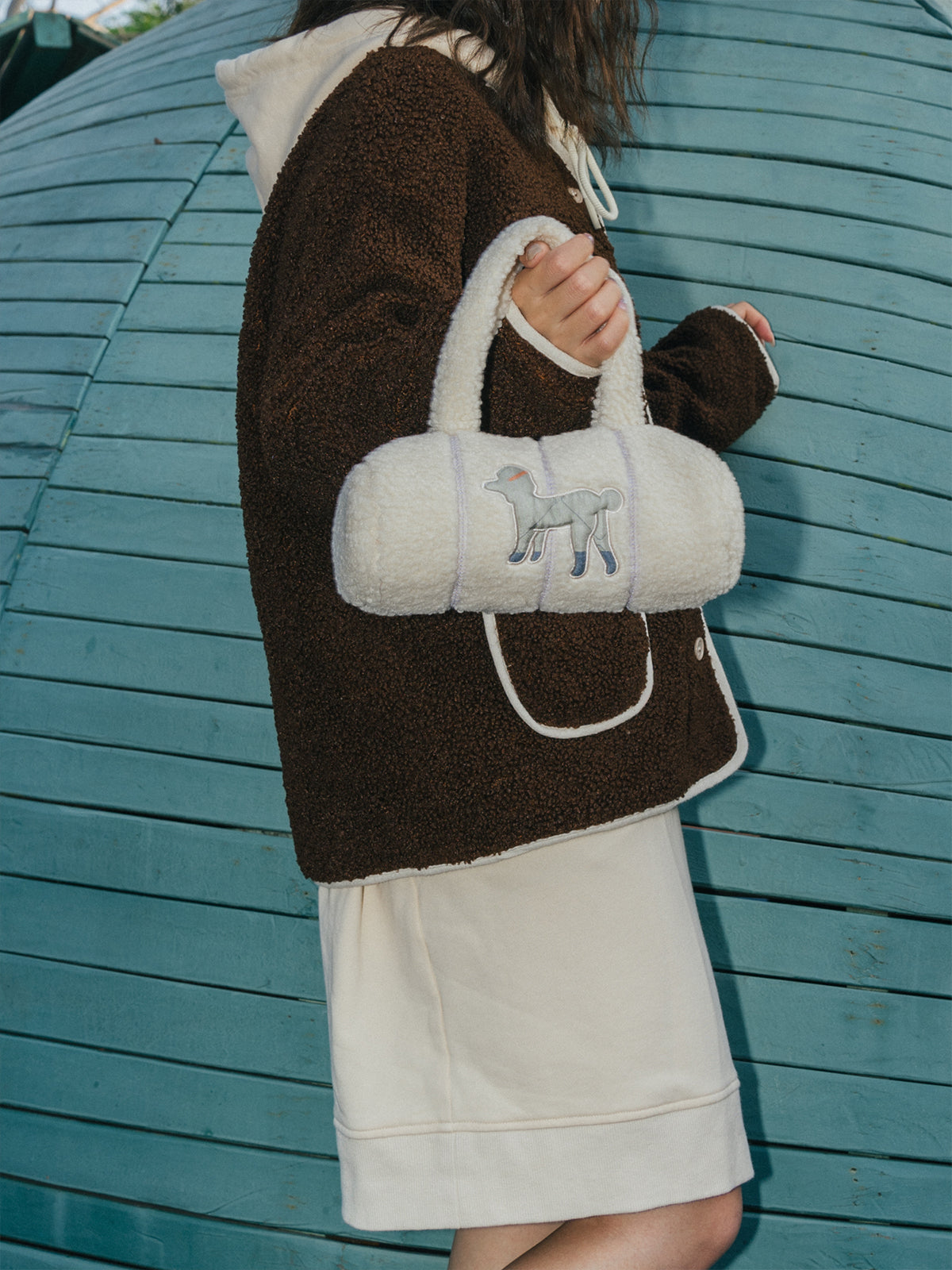 "Pan Pan" Cylinder Shearling Bag - White - LOST PATTERN Tote Bag