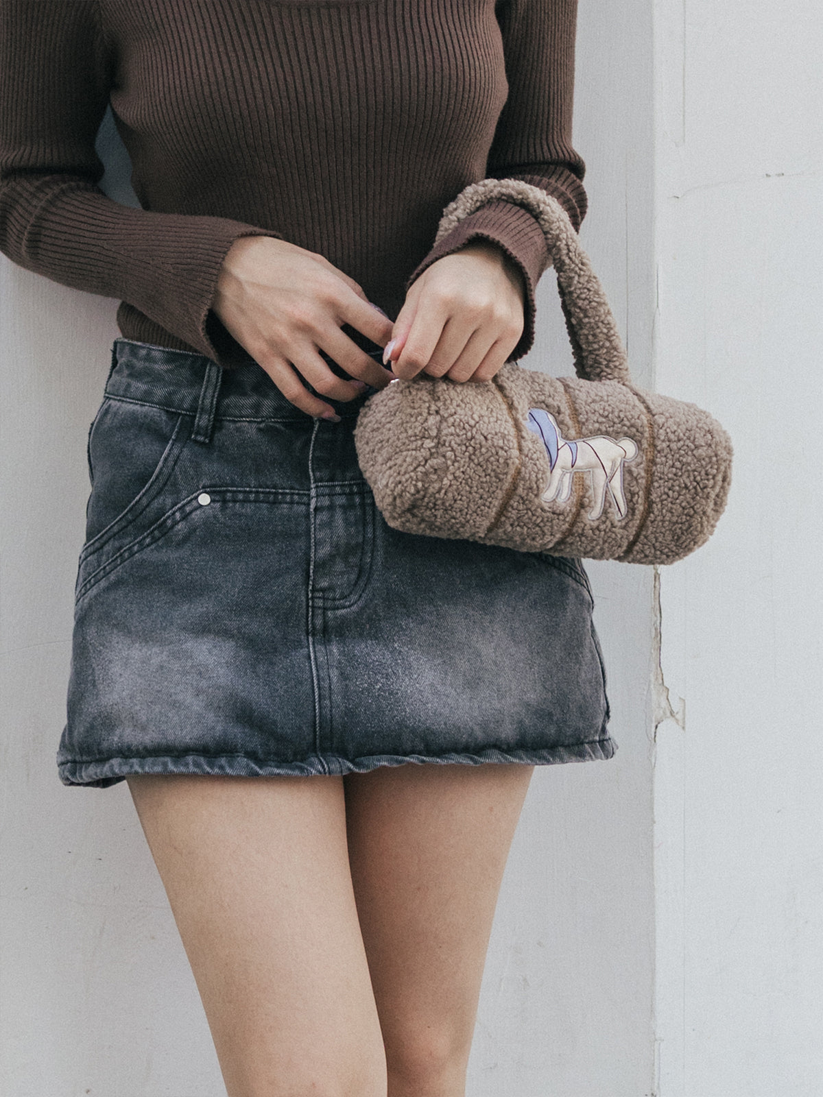 "Pan Pan" Cylinder Shearling Bag - Taupe - LOST PATTERN Tote Bag