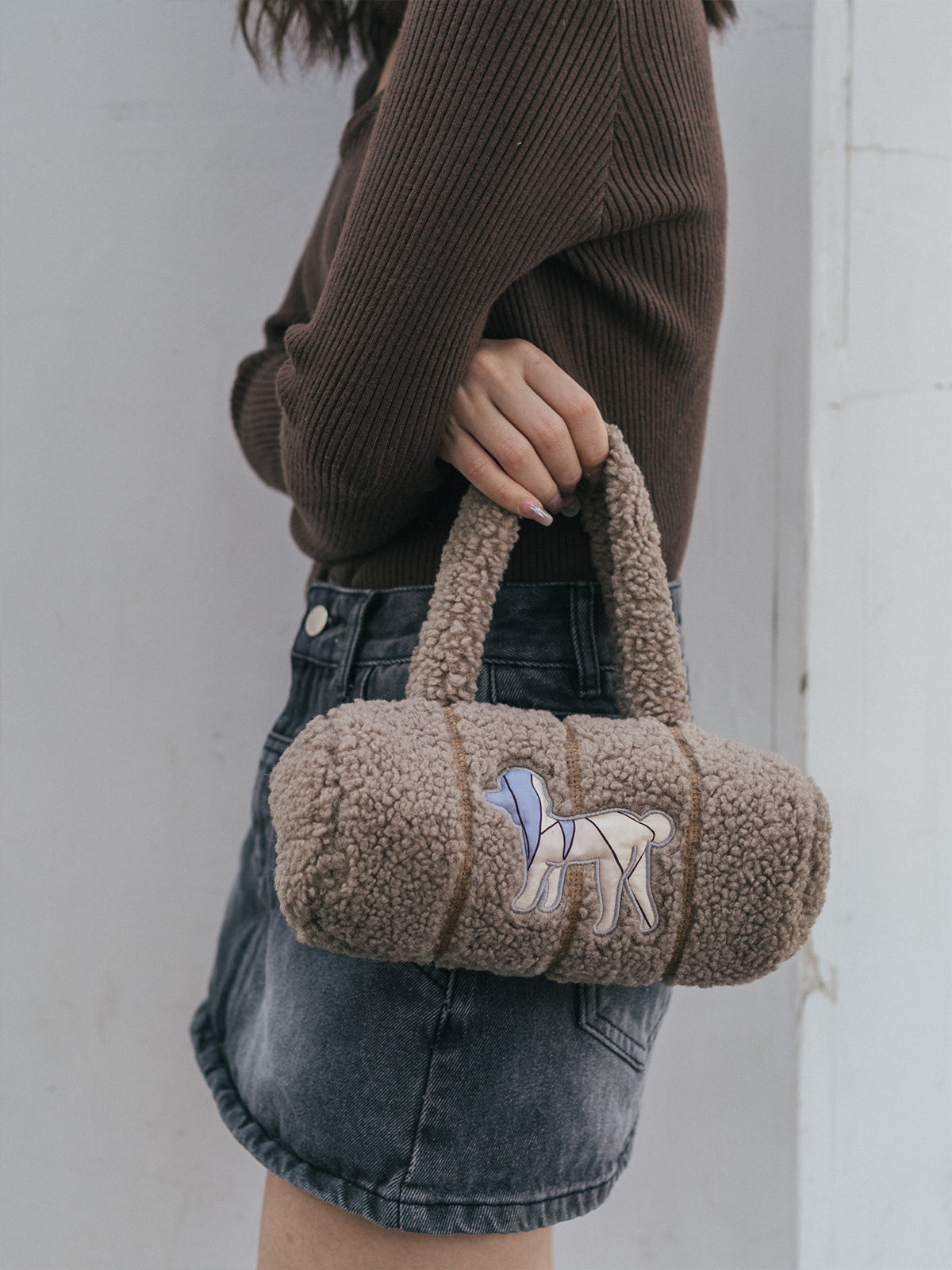 "Pan Pan" Cylinder Shearling Bag - Taupe - LOST PATTERN Tote Bag