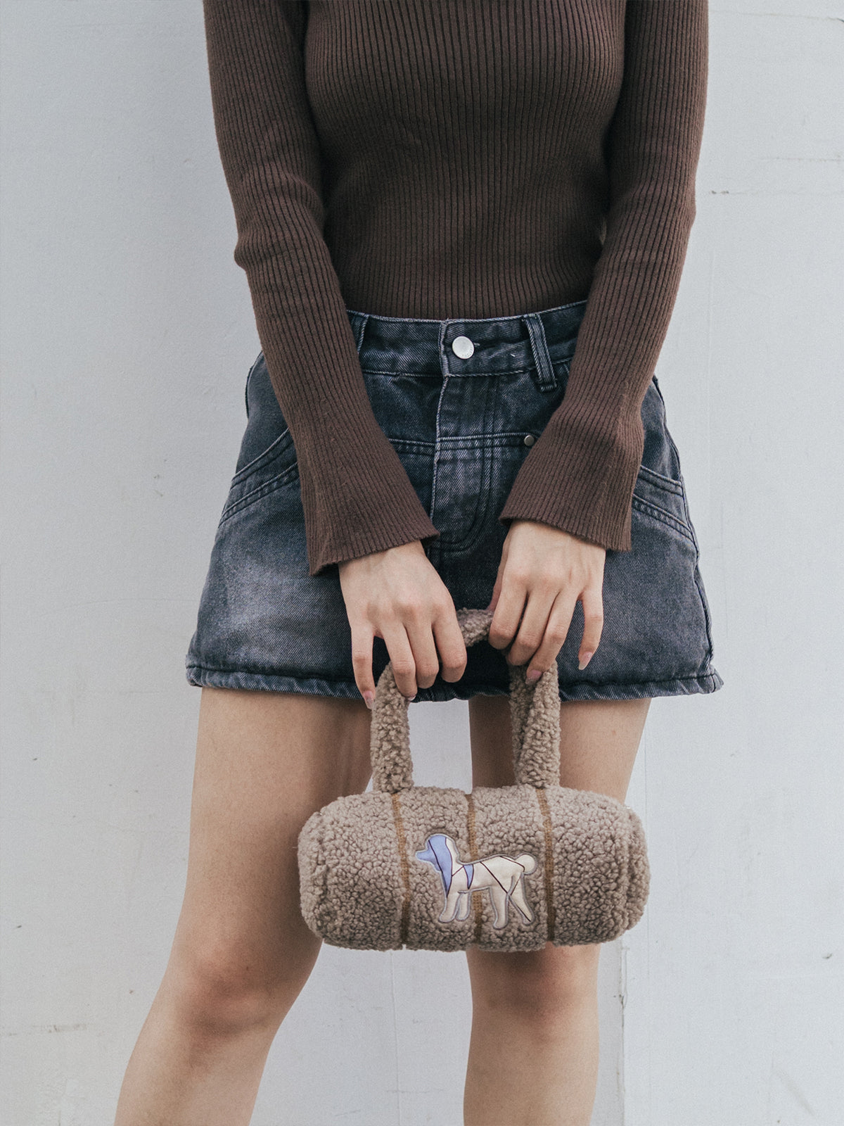 "Pan Pan" Cylinder Shearling Bag - Taupe - LOST PATTERN Tote Bag