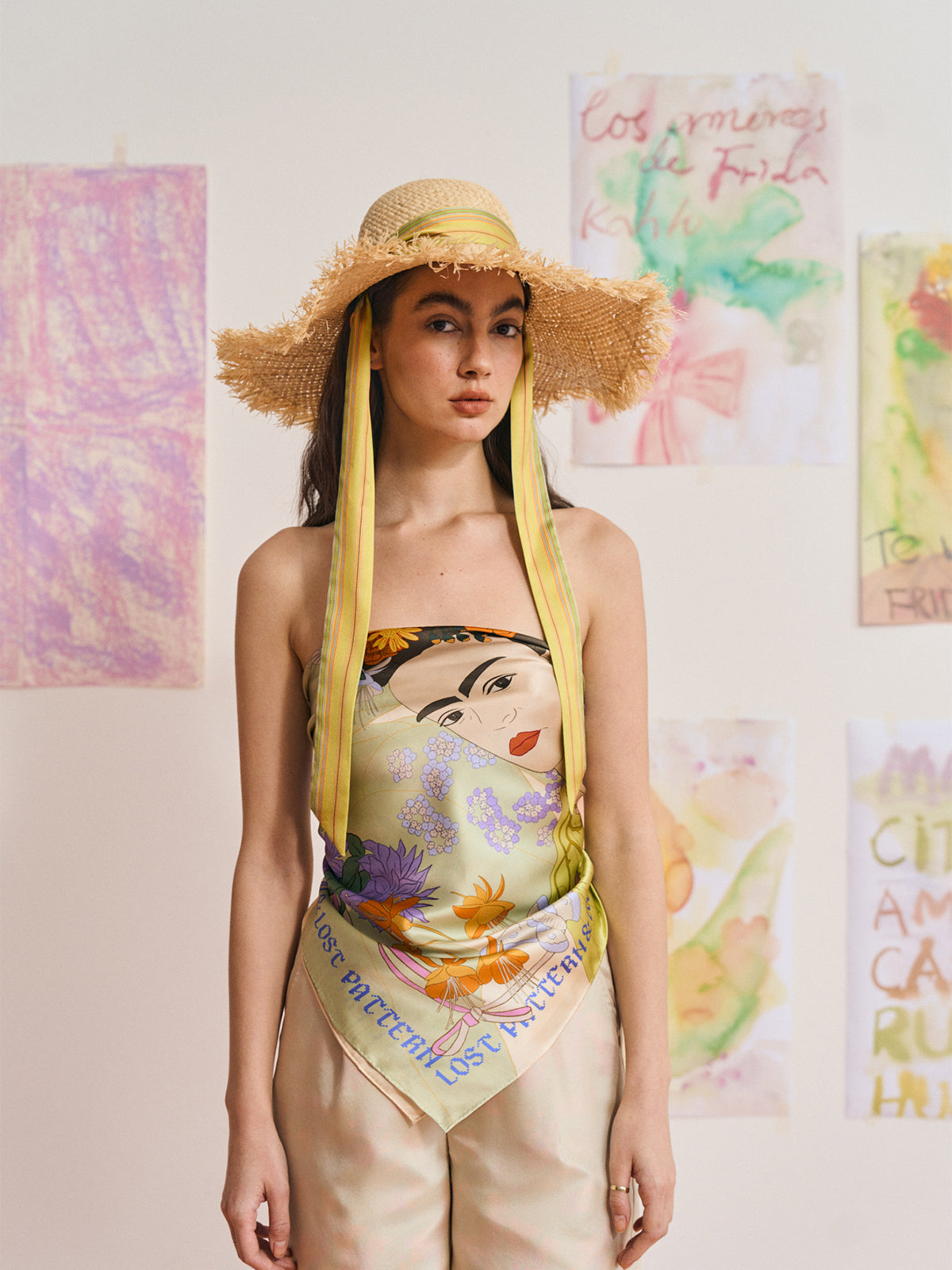 FRIDA x LOST PATTERN "Frida's Garden" Straw Hat with Ribbon Tie - Green - LOST PATTERN Hats