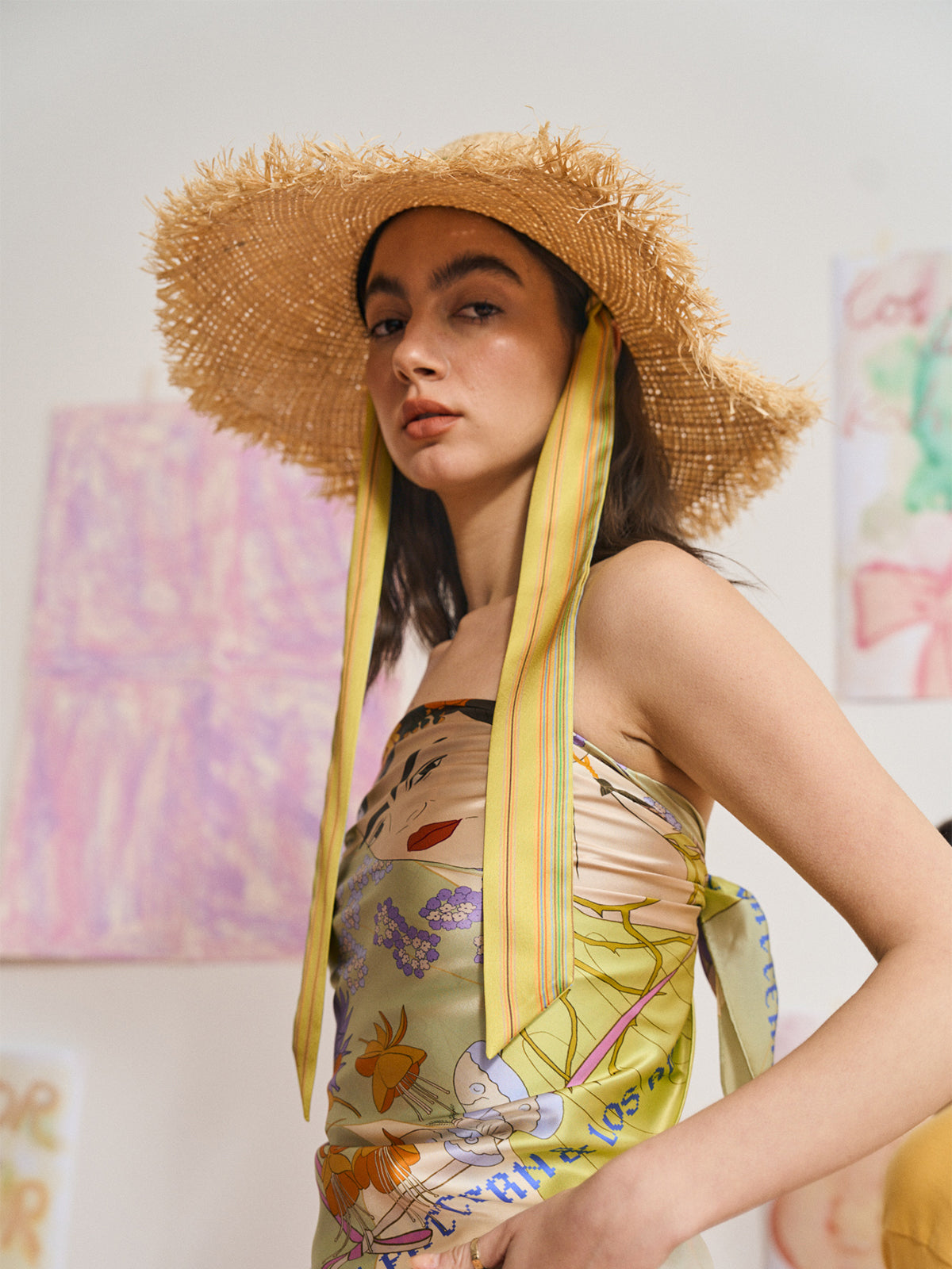 FRIDA x LOST PATTERN "Frida's Garden" Straw Hat with Ribbon Tie - Green - LOST PATTERN Hats