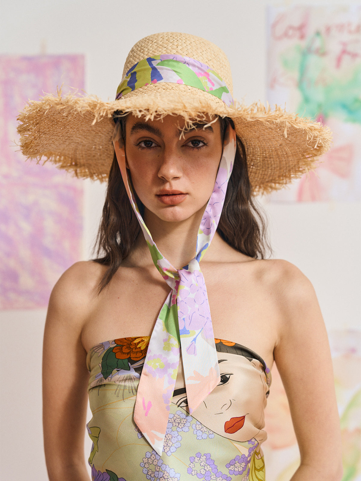 FRIDA x LOST PATTERN "Frida's Garden" Straw Hat with Ribbon Tie - Pink - LOST PATTERN Hats