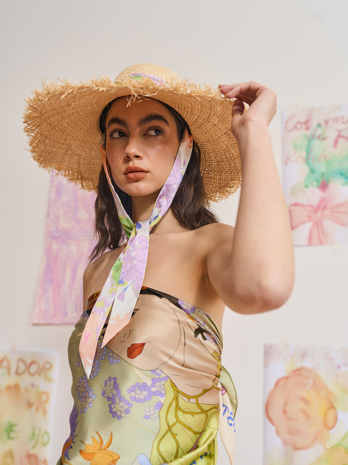 FRIDA x LOST PATTERN "Frida's Garden" Straw Hat with Ribbon Tie - Pink - LOST PATTERN Hats