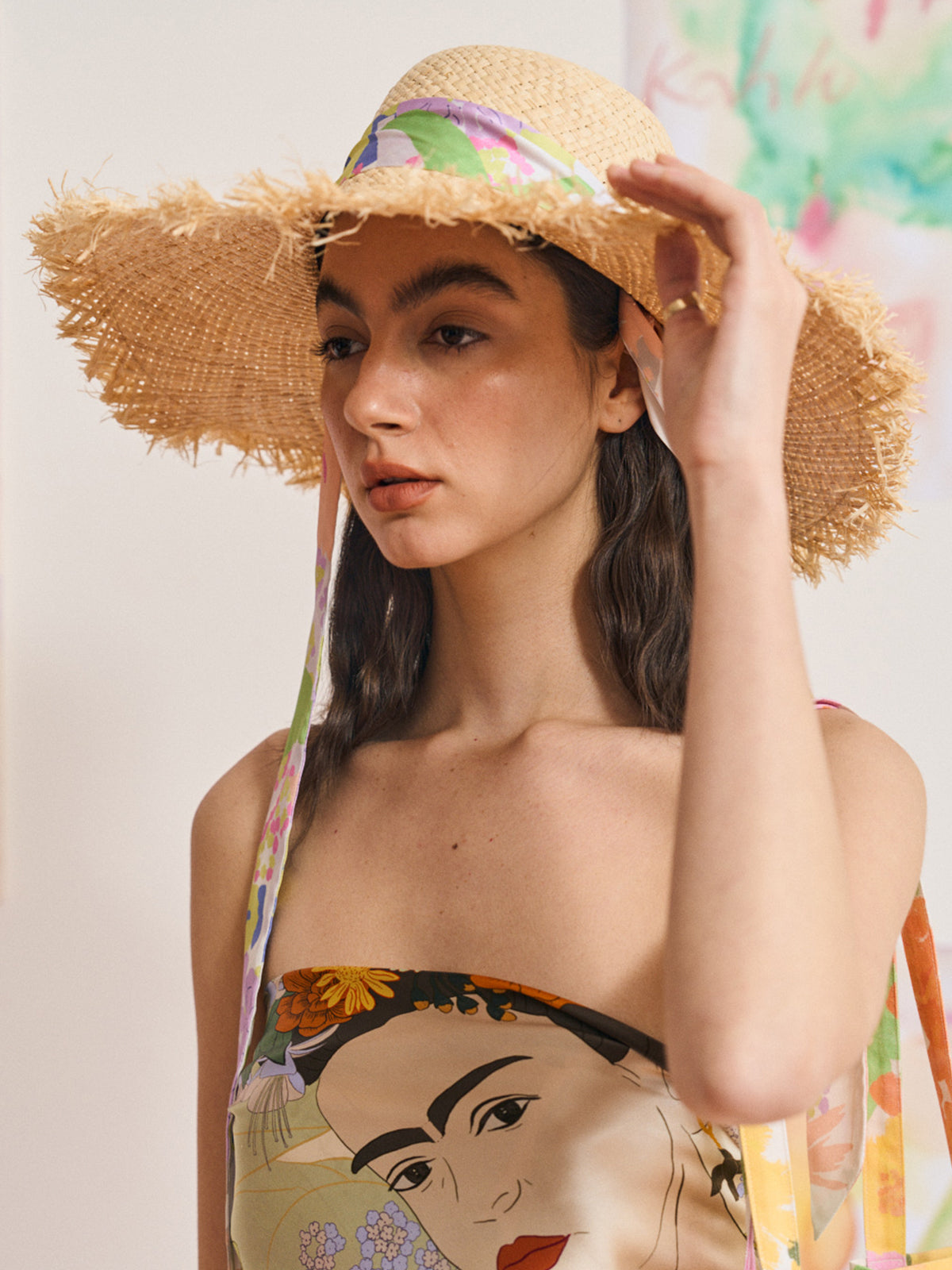 FRIDA x LOST PATTERN "Frida's Garden" Straw Hat with Ribbon Tie - Pink - LOST PATTERN Hats