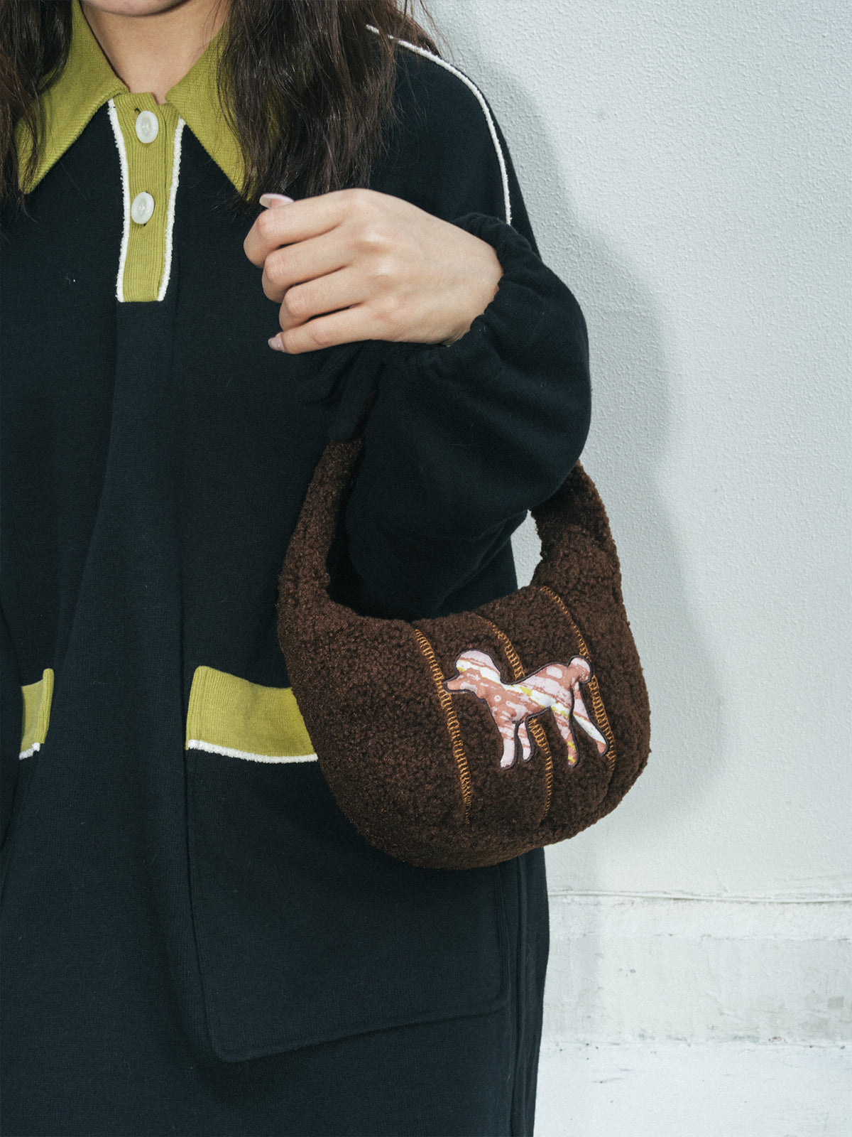 "Pan Pan" Half Moon Shearling Bag - Chocolate - LOST PATTERN Tote Bag