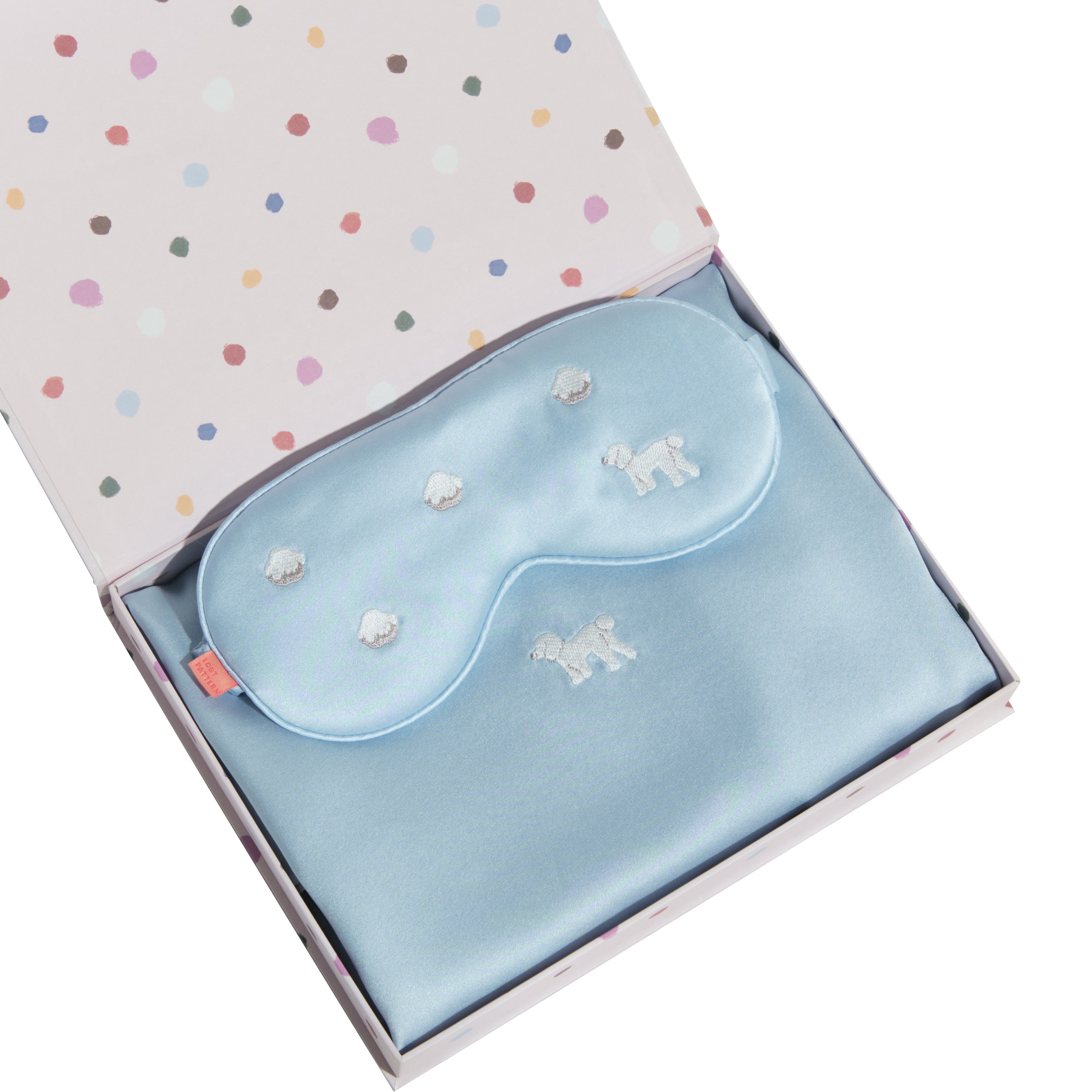 "Pan Pan" 2 Piece Silk Gift Set - Silk Pillowcase & Silk Sleep Eye Mask - Blue - LOST PATTERN Pillowcase