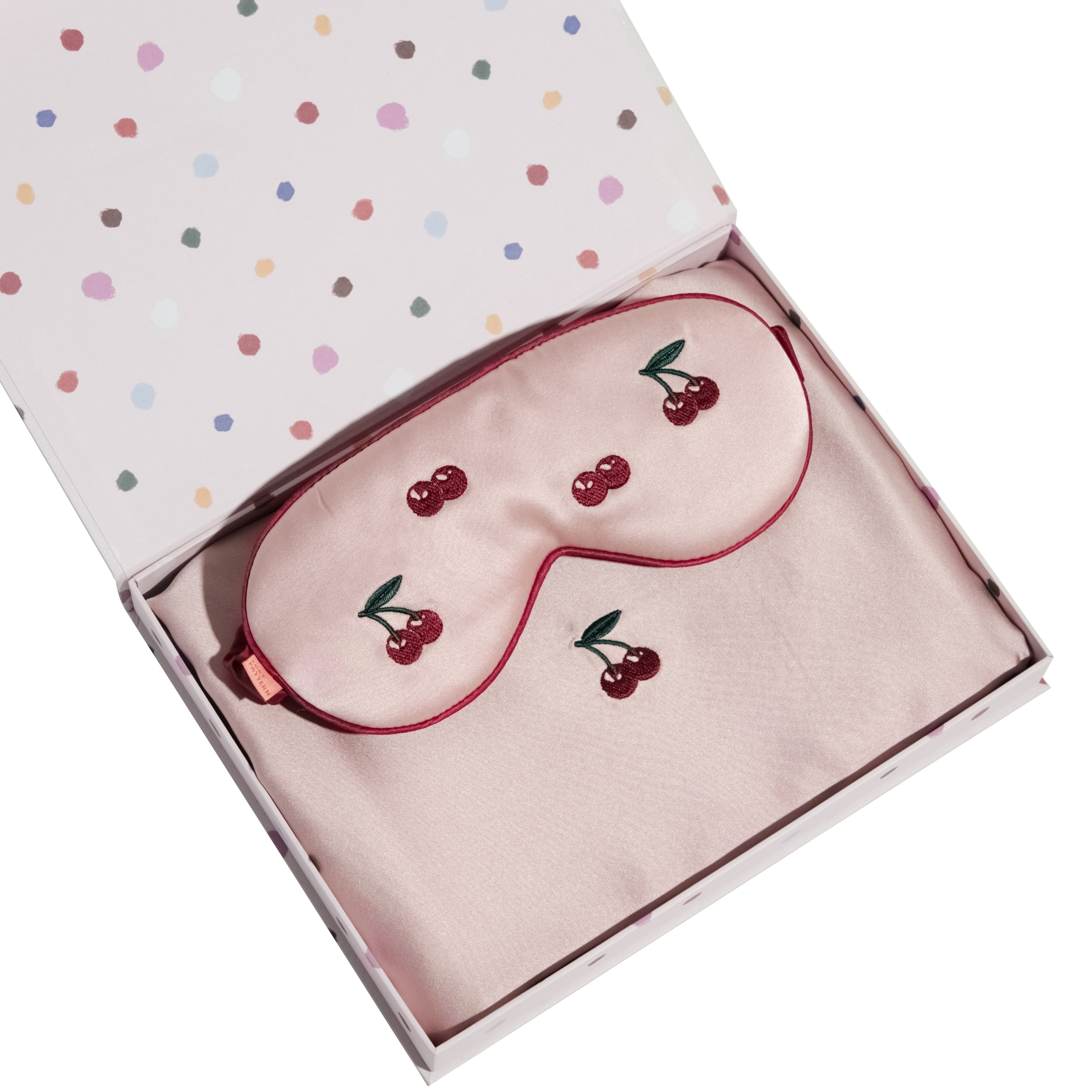 "Lost Cherries" 2 Piece Silk Gift Set - Silk Pillowcase & Silk Sleep Eye Mask - Pink - LOST PATTERN Pillowcase