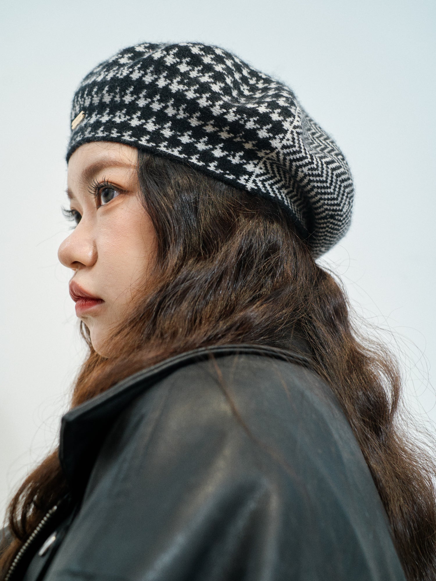 "Houndstooth" Wool-Cashmere Beret Hat