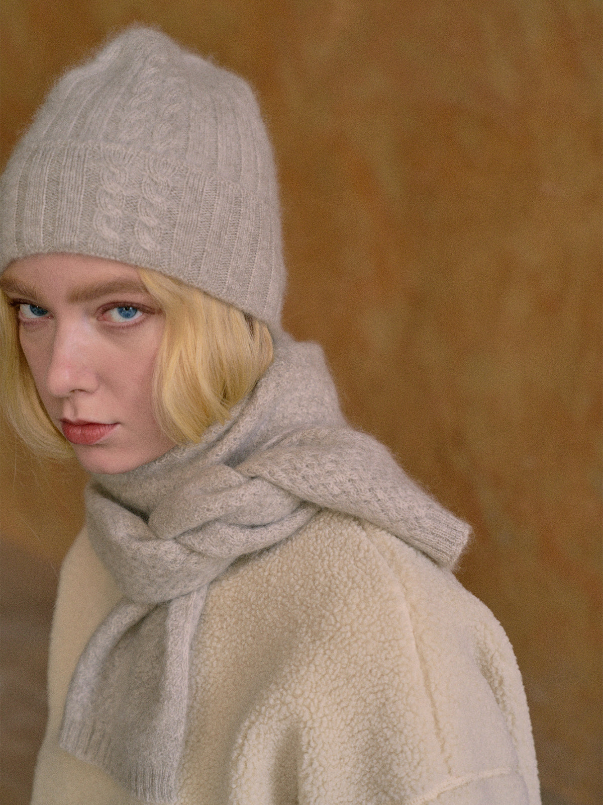 "Warmth Whisper" Cashmere Cable Knit Beanie - Light Grey