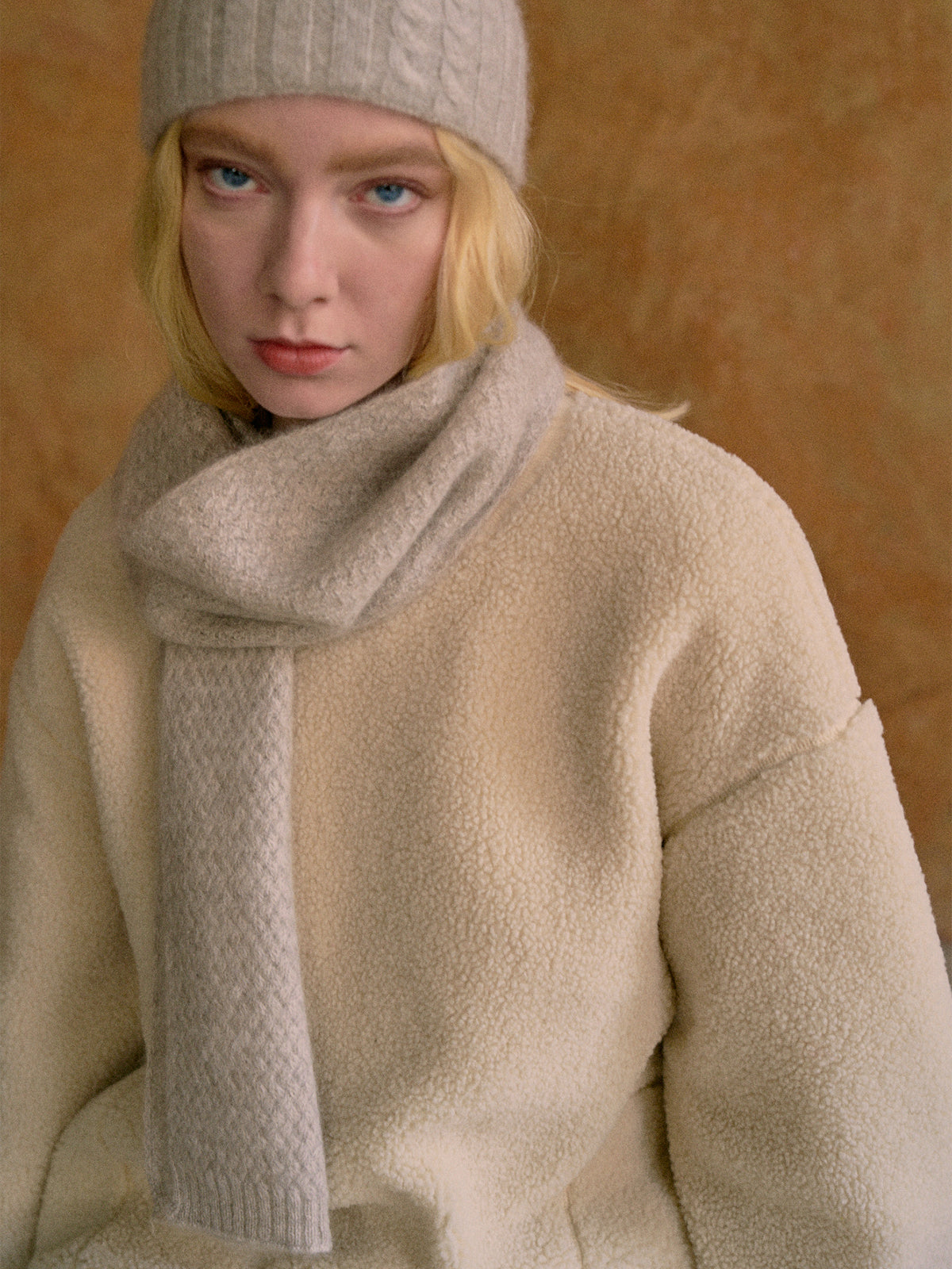 "Warmth Whisper" Waffle Knit Cashmere Scarf - Light Grey - Light Grey - LOST PATTERN Cashmere