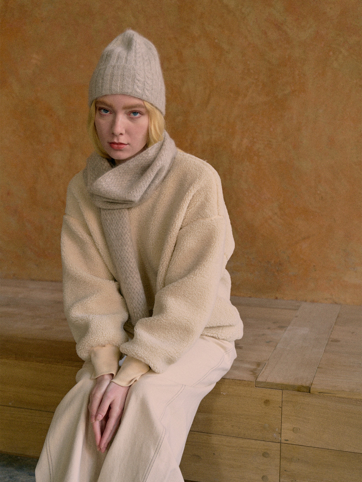 "Warmth Whisper" Waffle Knit Cashmere Scarf - Light Grey