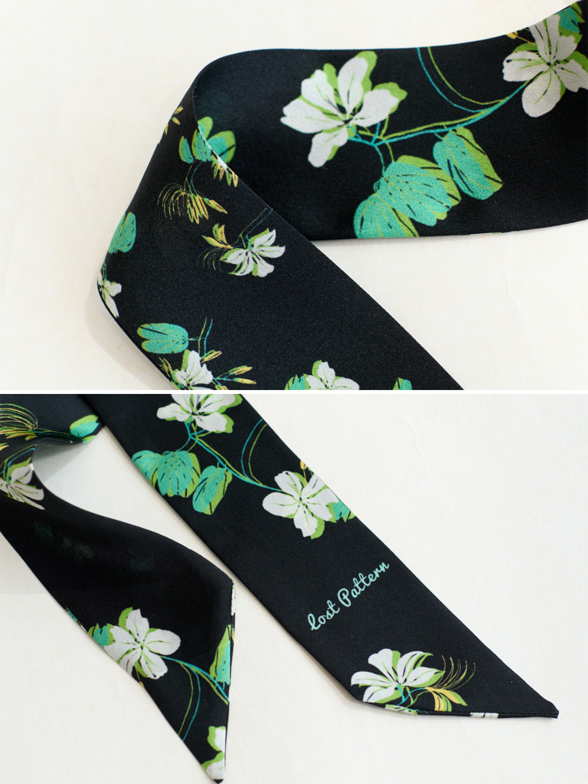 "Beach Blossom" Silk Skinny Scarf - Black