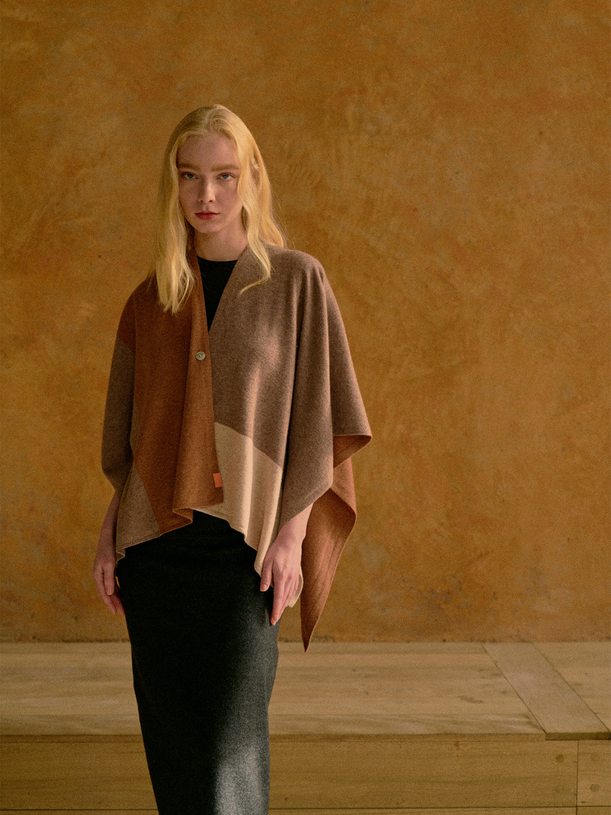 "Lost in Warmth" Wool-Cashmere Blend Wrap Cape - Coffee