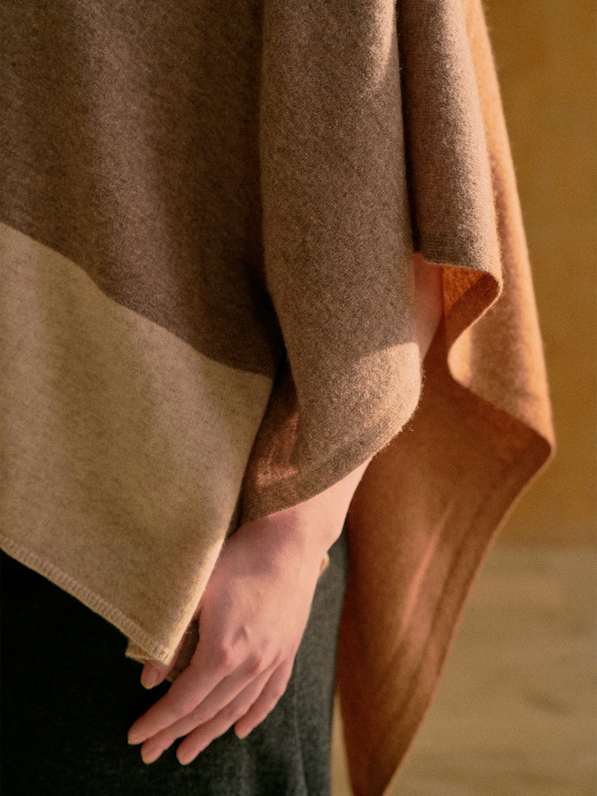 "Lost in Warmth" Wool-Cashmere Blend Wrap Cape - Coffee