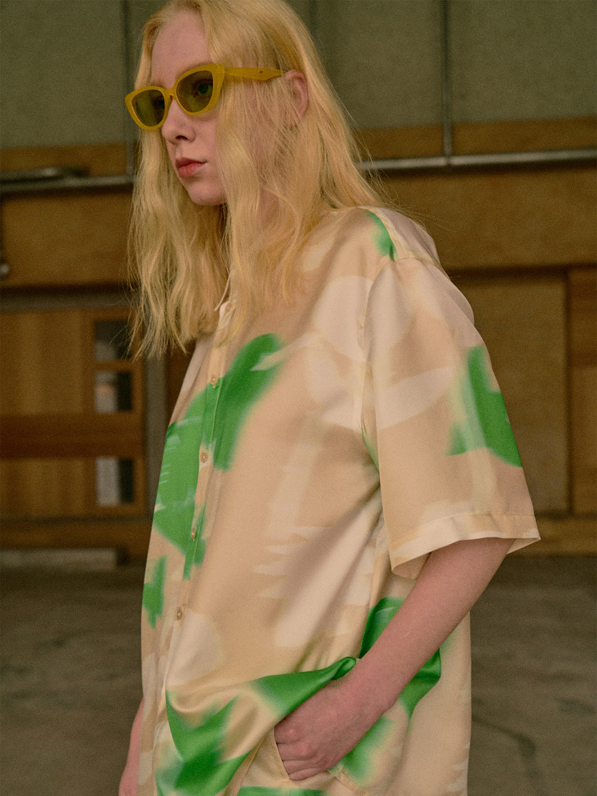 "Frida's Dream " Oversized Silk Shirt - Green & Cream