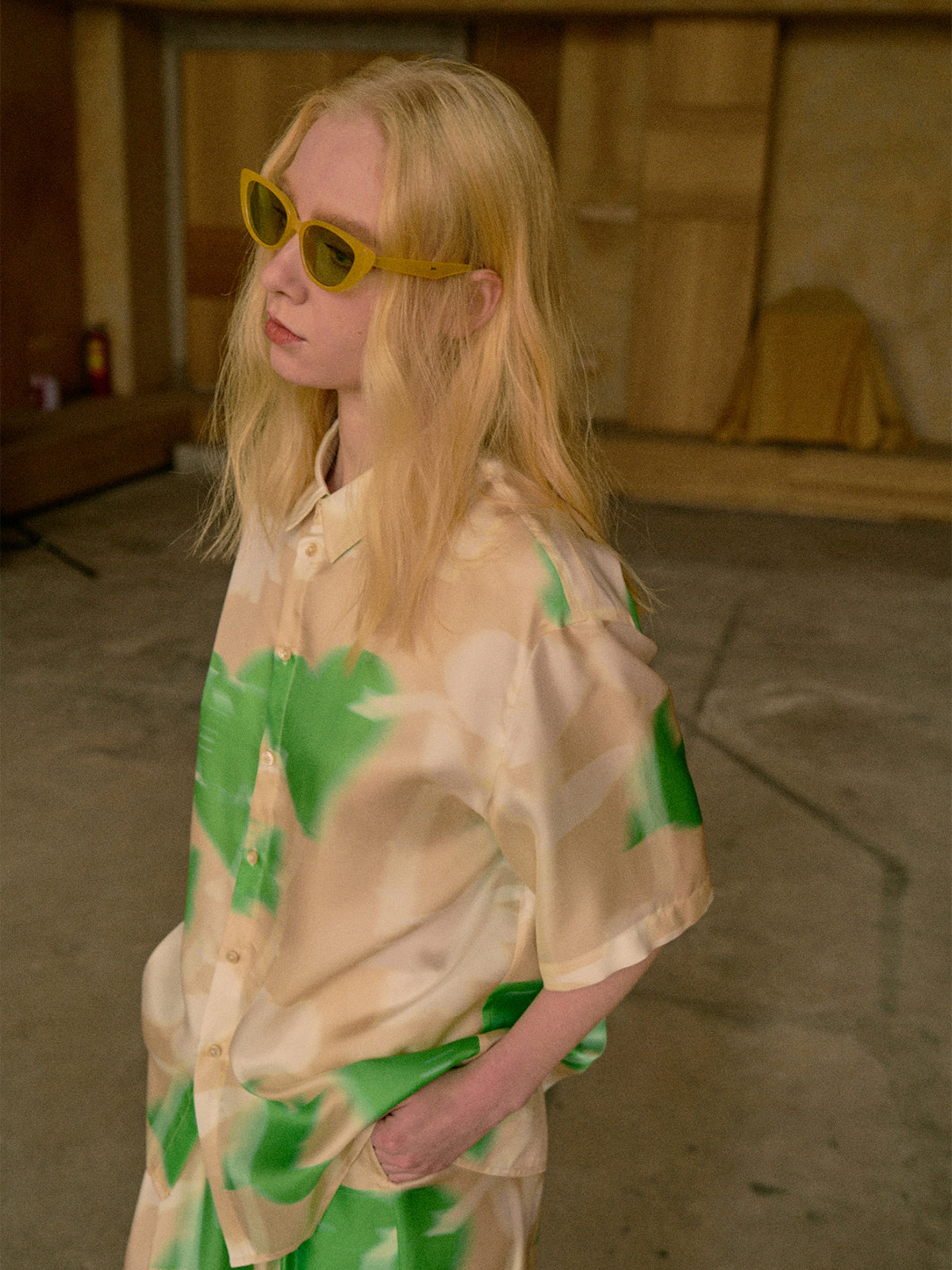 "Frida's Dream " Oversized Silk Shirt - Green & Cream