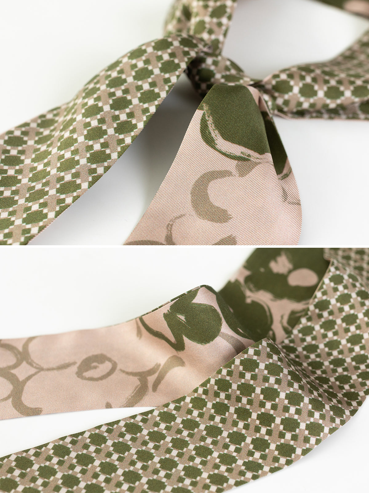 "Floral Houndstooth" Silk Skinny Scarf - Green - LOST PATTERN Silk Skinny Scarf