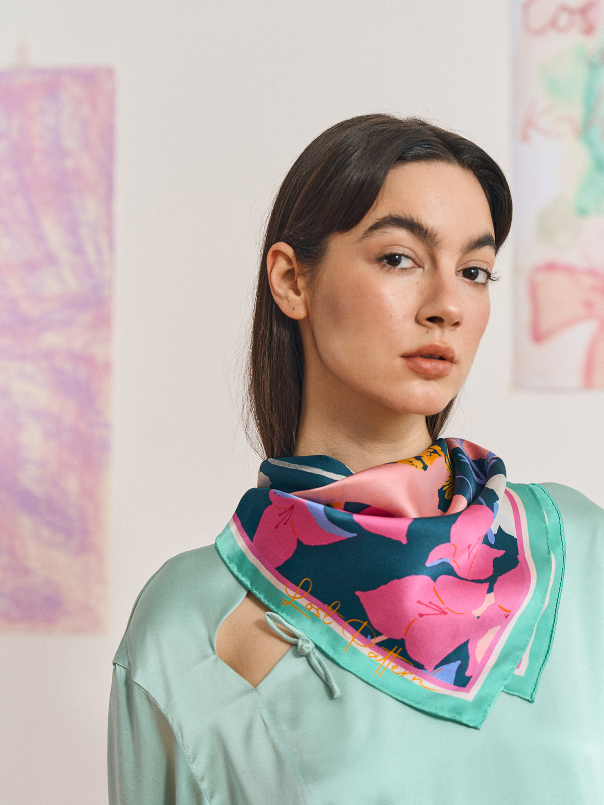 FRIDA x LOST PATTERN "Frida's Garden" Silk Bandana Scarf - Purple - LOST PATTERN Silk Bandana