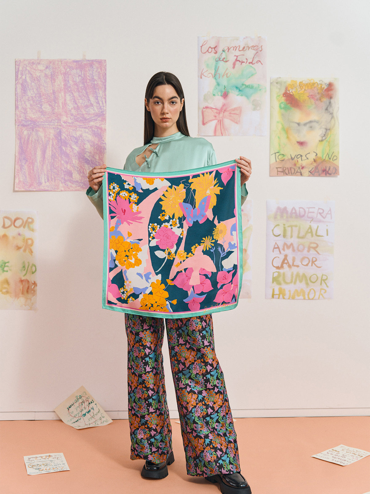 FRIDA x LOST PATTERN "Frida's Garden" Silk Bandana Scarf - Purple - LOST PATTERN Silk Bandana