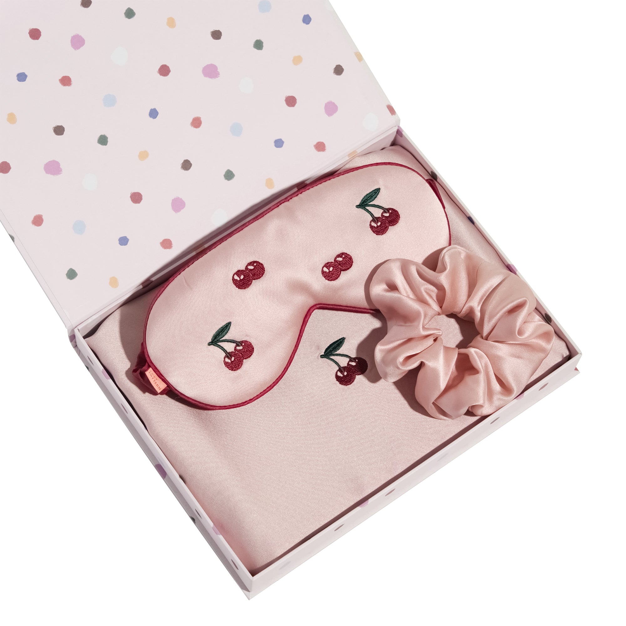 "Lost Cherries" 3 Piece Silk Gift Set - Silk Pillowcase & Silk Sleep Eye Mask & Silk Scrunchie - Pink - LOST PATTERN Pillowcase